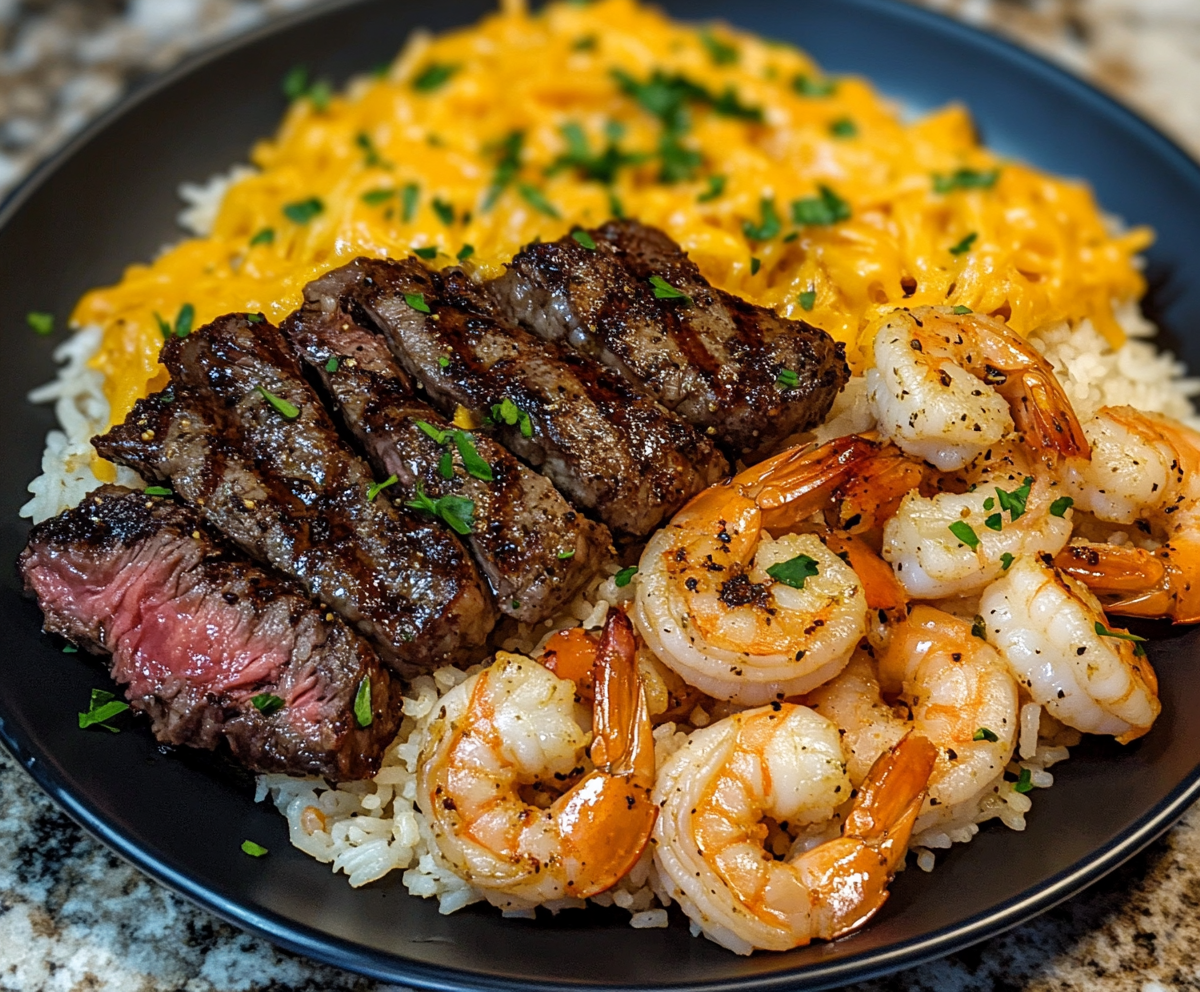 Grilled Steak & Shrimp with Cheesy Rice