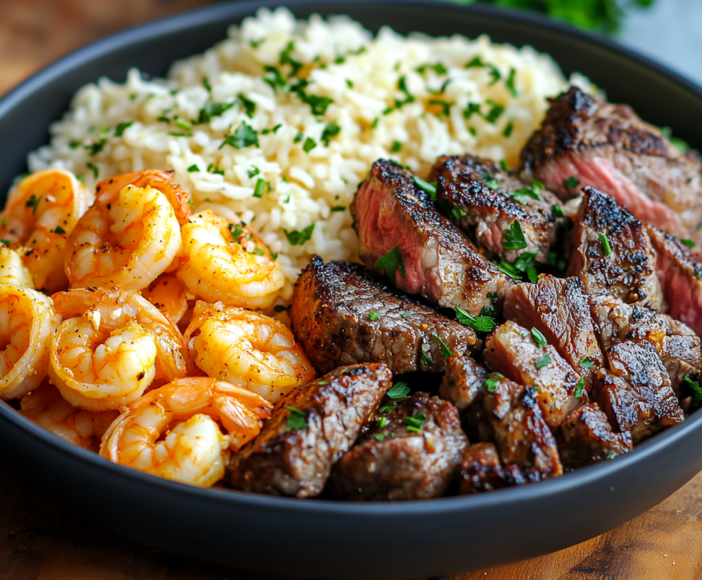 Grilled Steak & Shrimp with Cheesy Rice