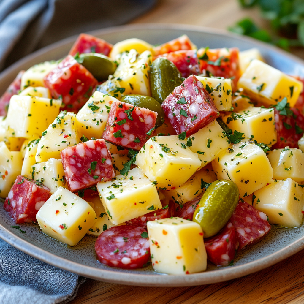 Easy Marinated Cheese Appetizer with Salami & Pickles