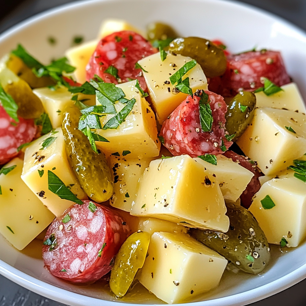 Easy Marinated Cheese Appetizer with Salami & Pickles