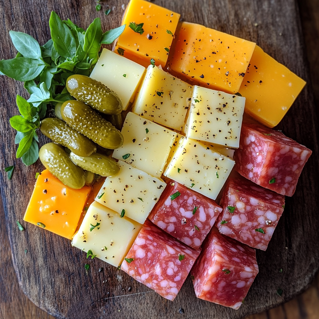 Easy Marinated Cheese Appetizer with Salami & Pickles