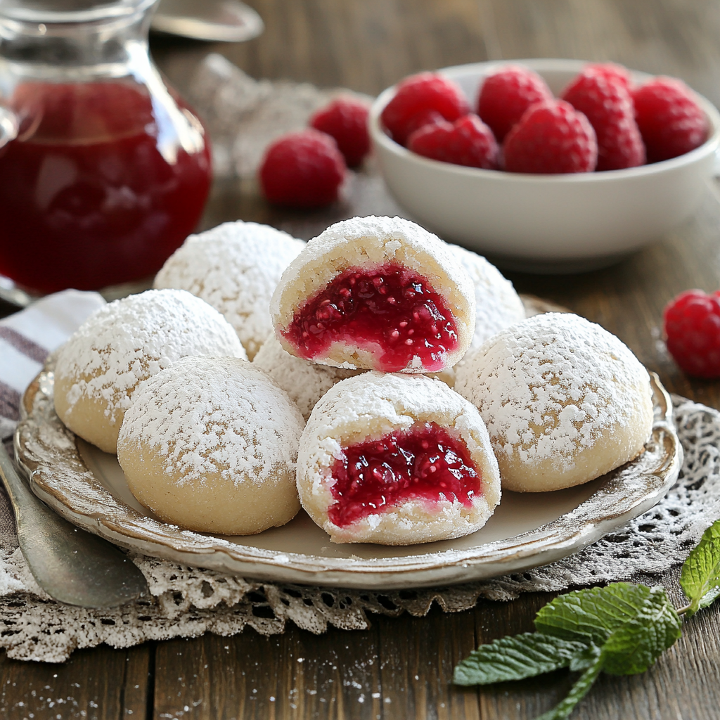 Raspberry Filled Almond Snowball Cookies