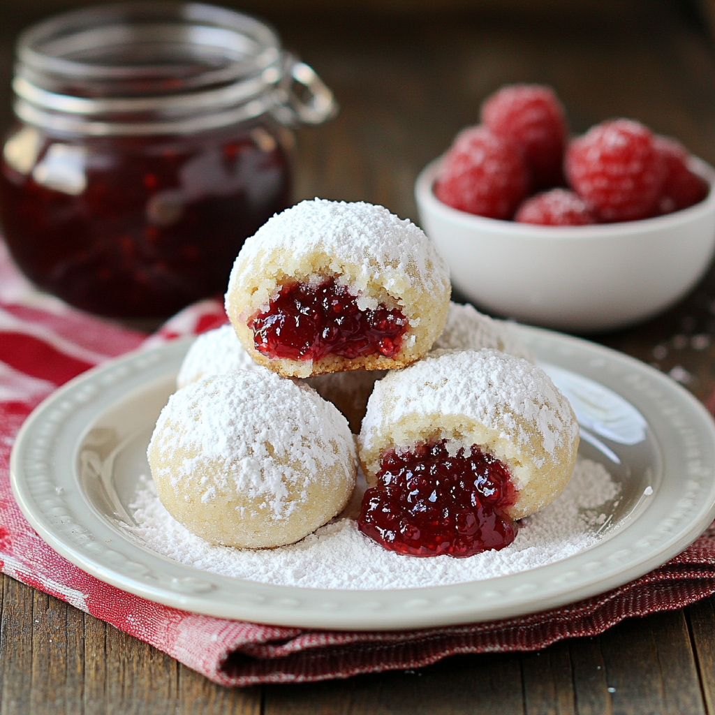 Raspberry Filled Almond Snowball Cookies