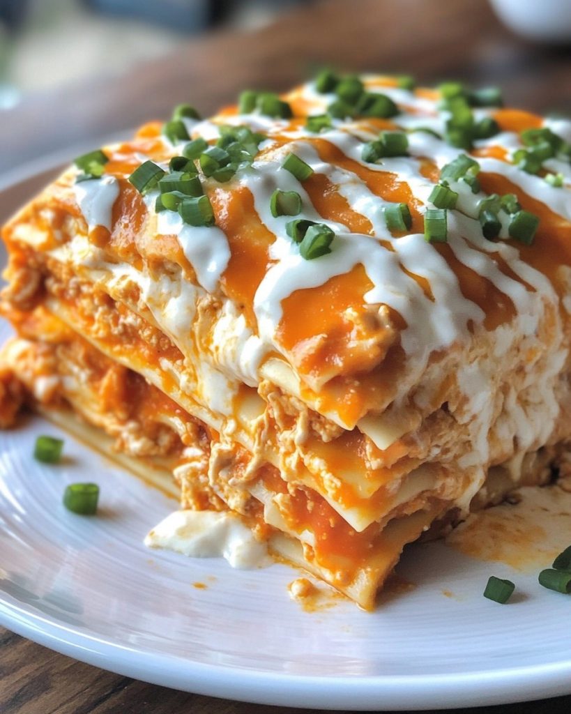 Cheesy Buffalo Chicken Lasagna with Ranch Drizzle