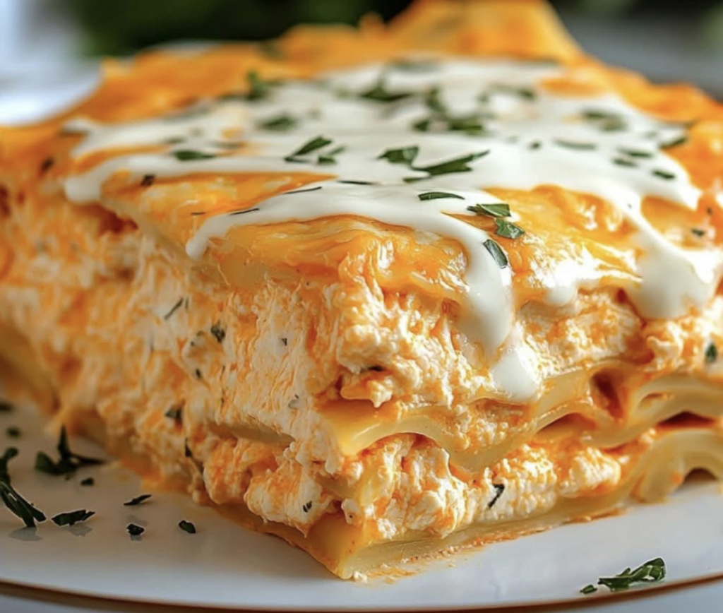 Cheesy Buffalo Chicken Lasagna with Ranch Drizzle