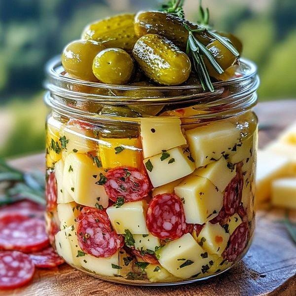 Easy Marinated Cheese Appetizer with Salami & Pickles